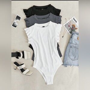 Ruffled Sleeve Ribbed Knit Round Neck Bodysuit Trio - White, Black, Gray